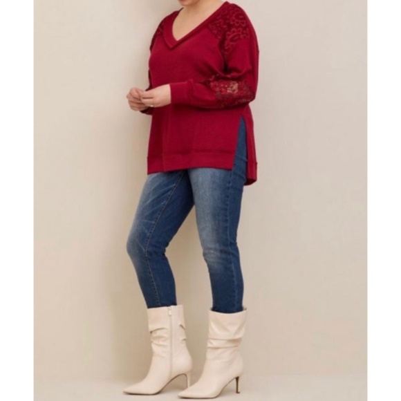 ⭐️SOLD⭐️🆕 Waffle Lace Inset Sweatshirt Top 2 2X 18 20 NWT Torrid New! Burgundy - Picture 5 of 7